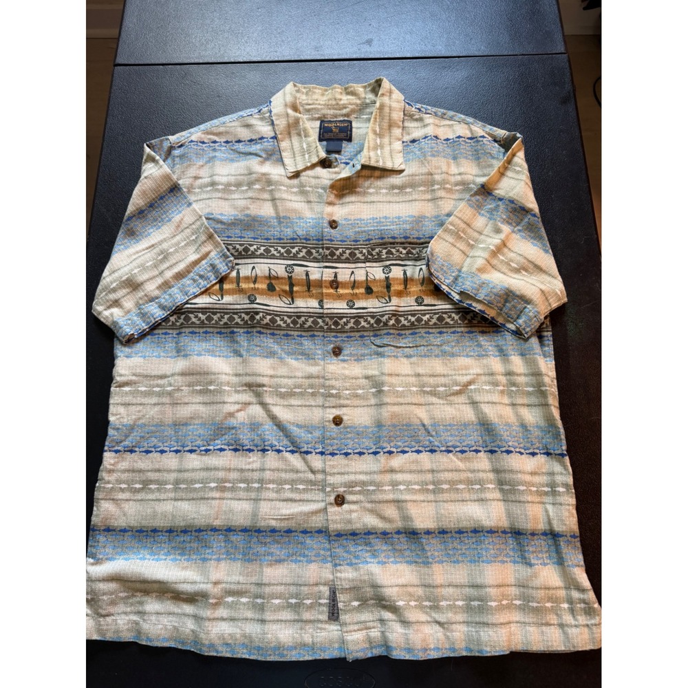 VTG Woolrich Mens SS Button Down Shirt Southwestern Stripe Tan Blue SZ Med/Larg